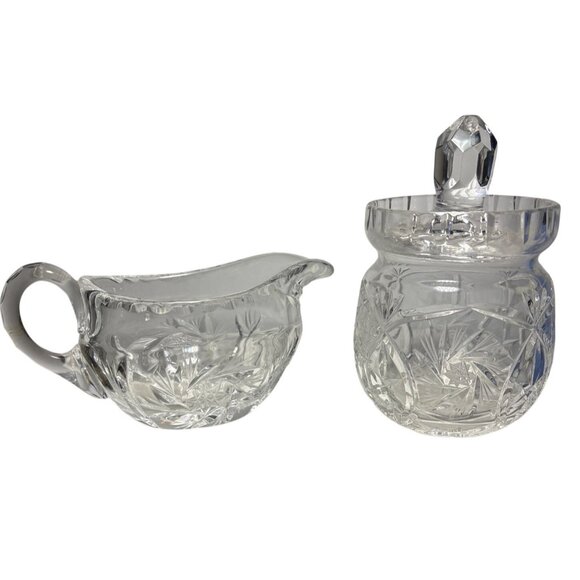 Bohemian Crystal Creamer & Lidded Sugar Dish Pinwheel Starburst Stunning Vintage - Picture 1 of 16